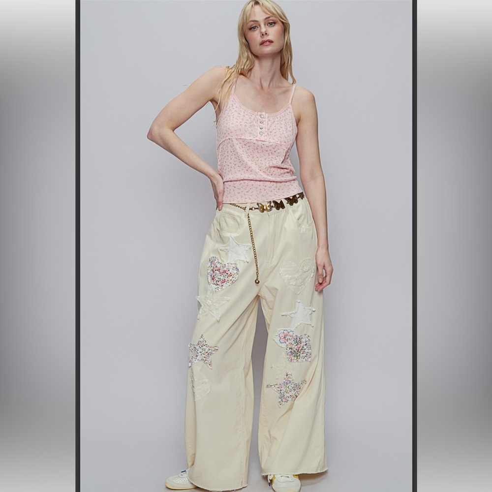 ❤️‍🔥LAST CHANCE ❤️‍🔥POL Floral Embroidered Cream Wide-Leg Pants